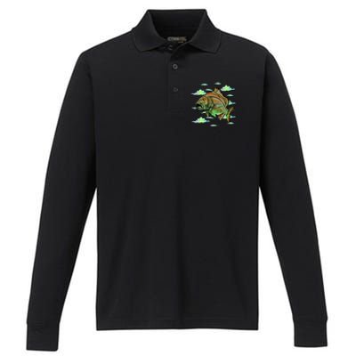 Bass Fishing Illustration River Hook Performance Long Sleeve Polo