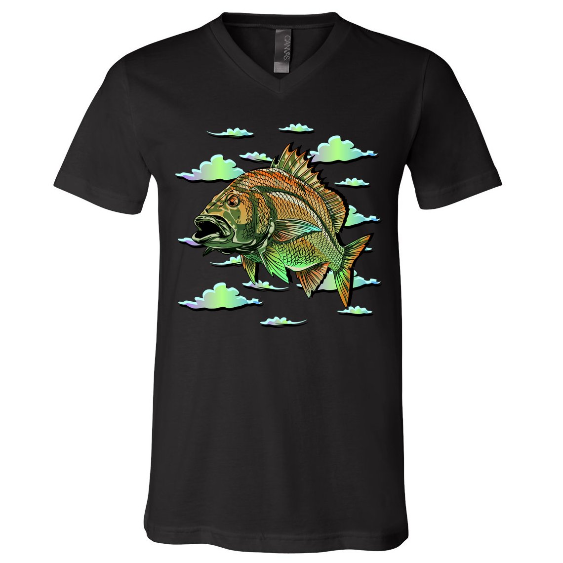 Bass Fishing Illustration River Hook V-Neck T-Shirt
