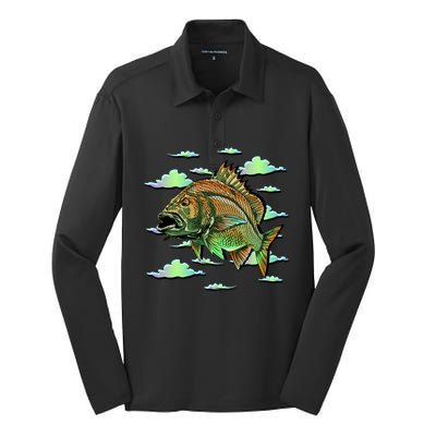 Bass Fishing Illustration River Hook Silk Touch Performance Long Sleeve Polo