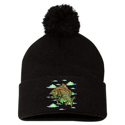 Bass Fishing Illustration River Hook Pom Pom 12in Knit Beanie