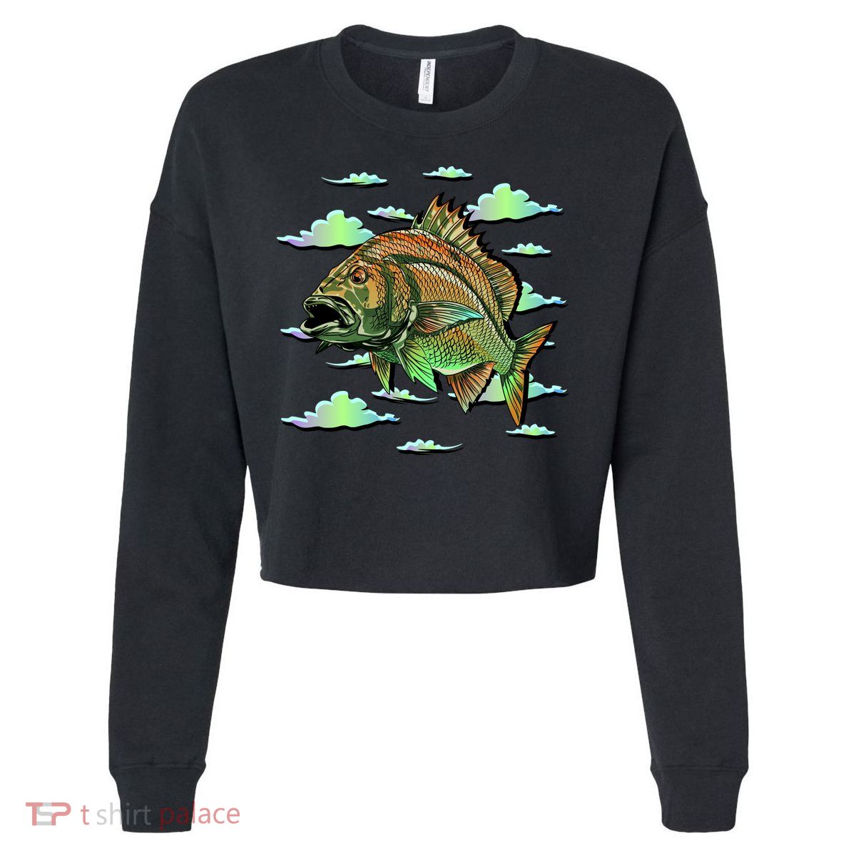 Bass Fishing Illustration River Hook Cropped Pullover Crew