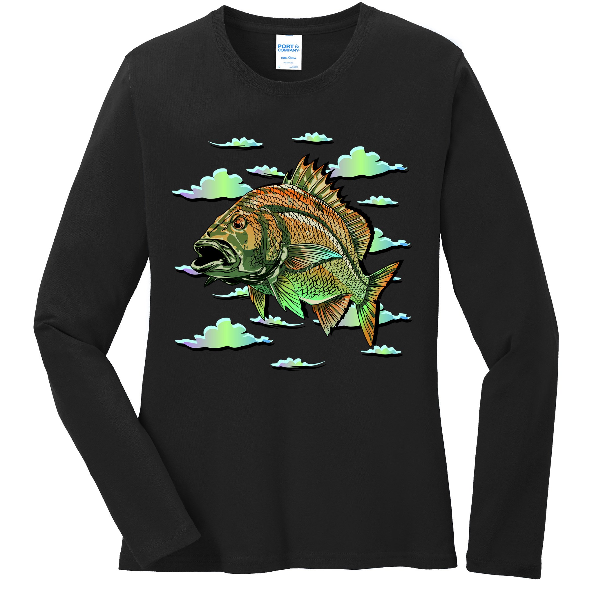 Bass Fishing Illustration River Hook Ladies Long Sleeve Shirt