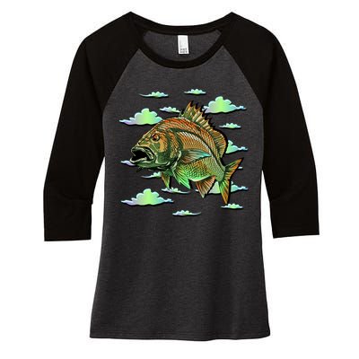 Bass Fishing Illustration River Hook Women's Tri-Blend 3/4-Sleeve Raglan Shirt
