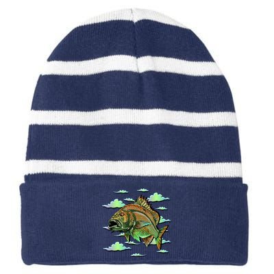 Bass Fishing Illustration River Hook Striped Beanie with Solid Band