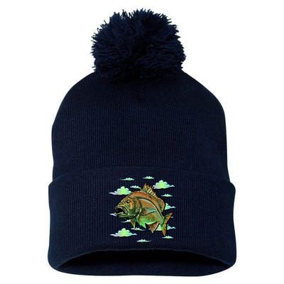 Bass Fishing Illustration River Hook Pom Pom 12in Knit Beanie