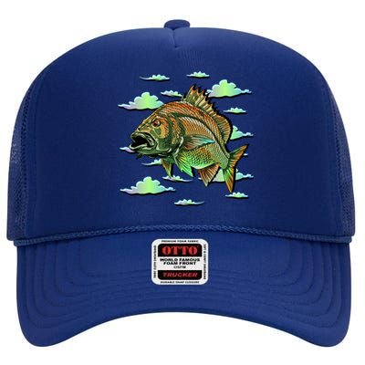 Bass Fishing Illustration River Hook High Crown Mesh Back Trucker Hat