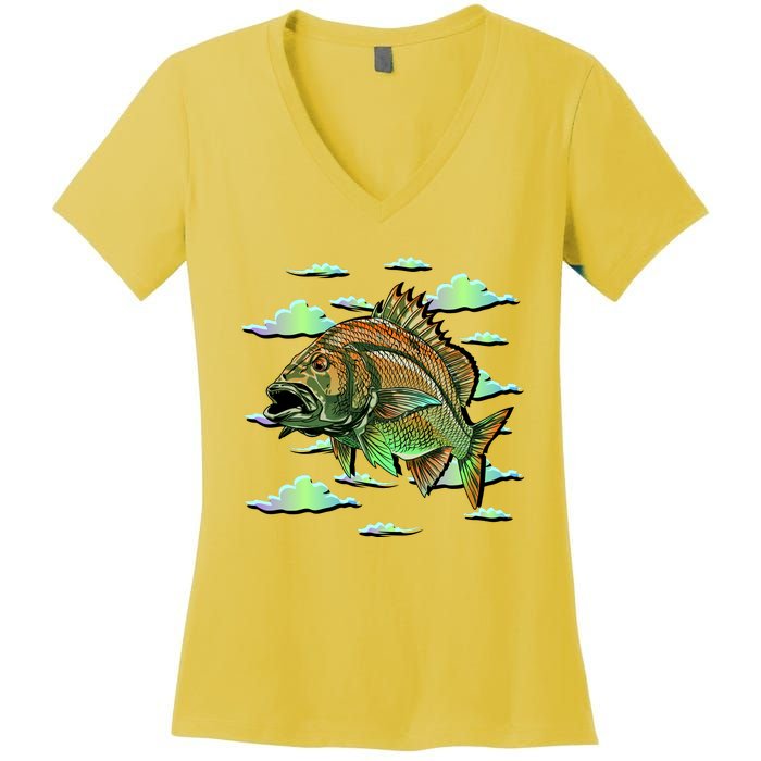 Bass Fishing Illustration River Hook Women's V-Neck T-Shirt