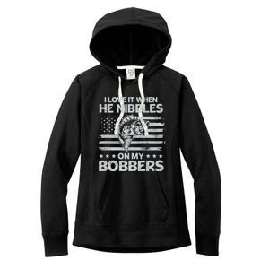 Bass Fishing I Love It When He Nibbles On My Bobber Usa Flag Gift Women's Fleece Hoodie