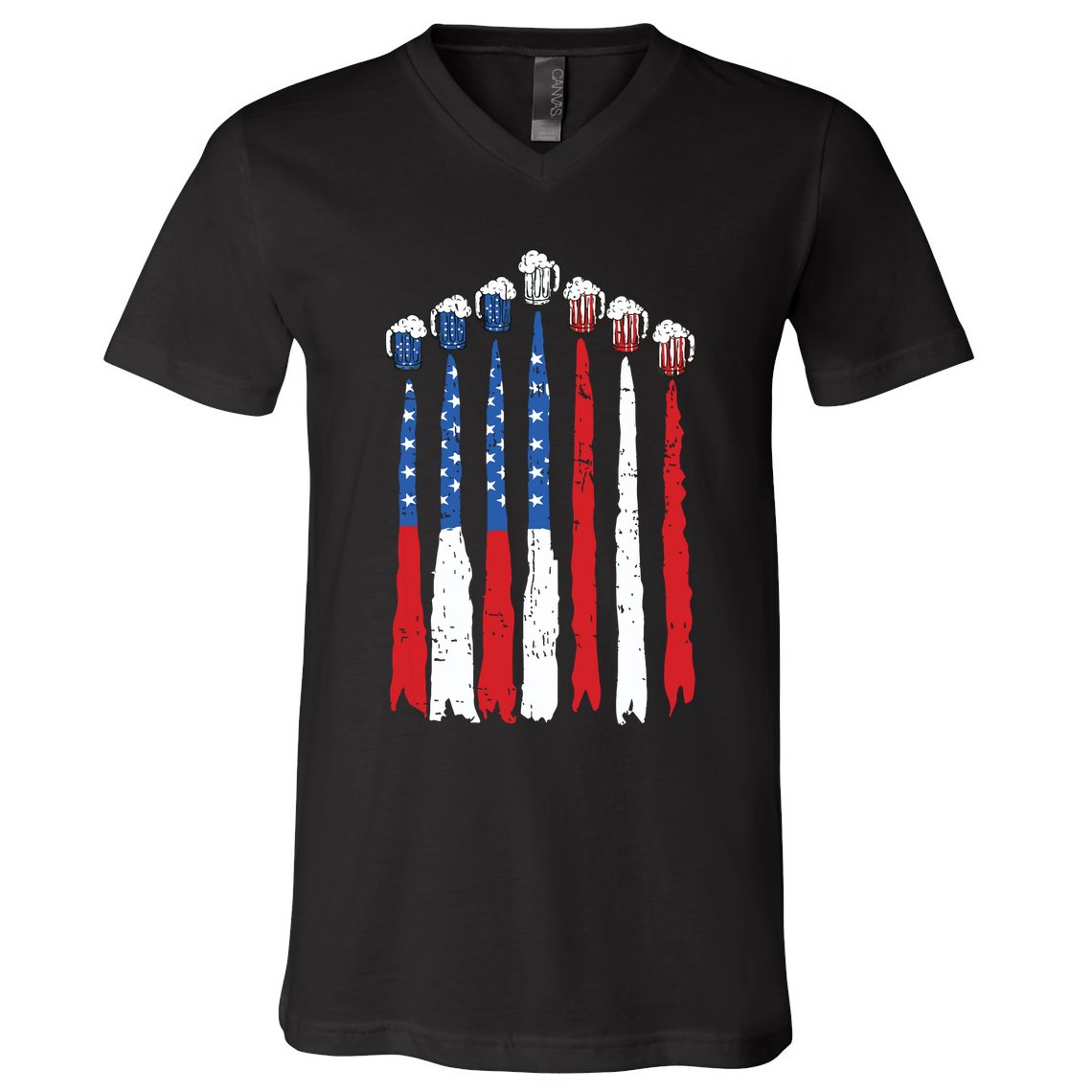 Beer Fighter Jet American Flag Usa 4th Of July Drinking Beer V-Neck T-Shirt