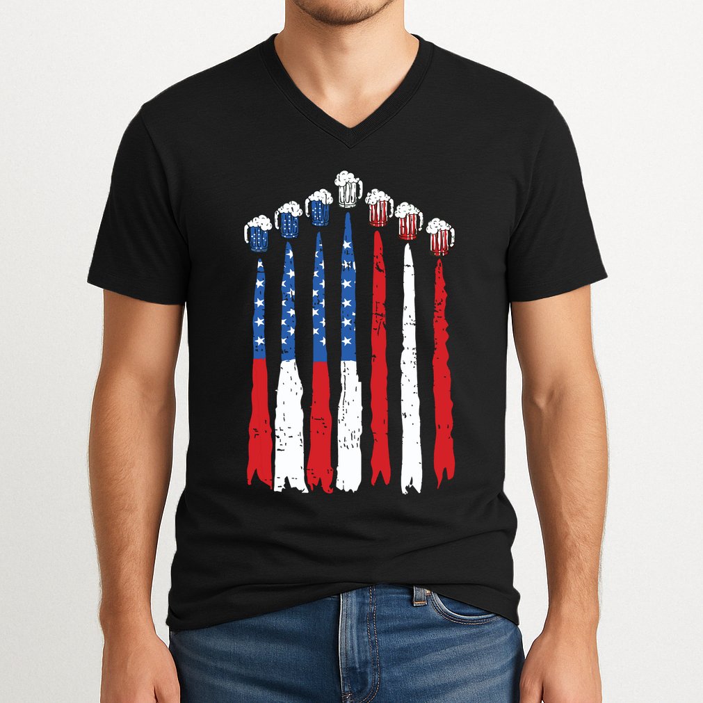 Beer Fighter Jet American Flag Usa 4th Of July Drinking Beer V-Neck T-Shirt