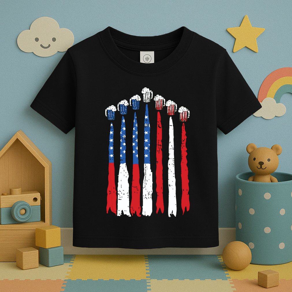Beer Fighter Jet American Flag Usa 4th Of July Drinking Beer Toddler T-Shirt