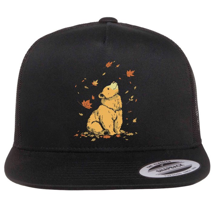 Bear Fall Leaf Tree Hello Autumn Thanksgiving Flat Bill Trucker Hat