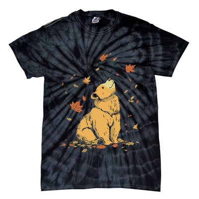 Bear Fall Leaf Tree Hello Autumn Thanksgiving Tie-Dye T-Shirt