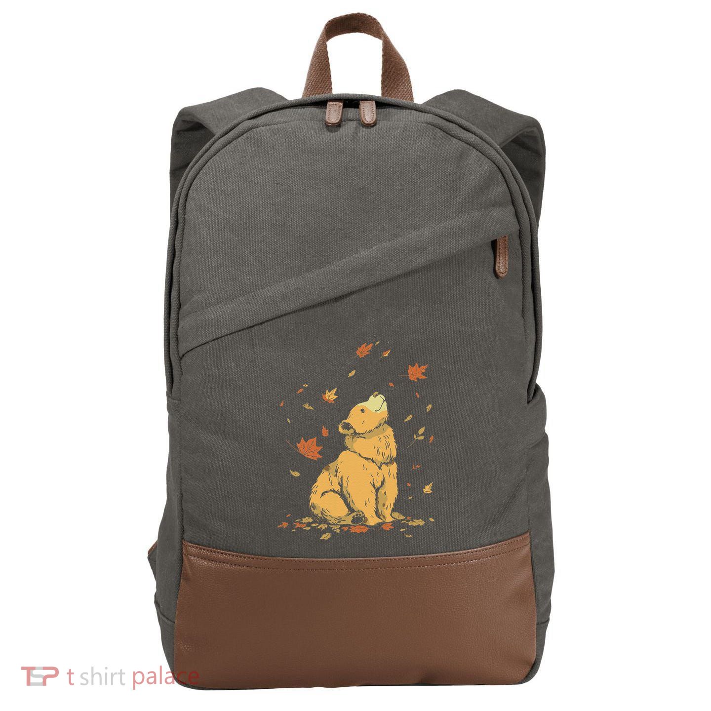 Bear Fall Leaf Tree Hello Autumn Thanksgiving Cotton Canvas Backpack