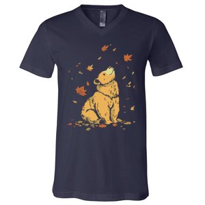 Bear Fall Leaf Tree Hello Autumn Thanksgiving V-Neck T-Shirt