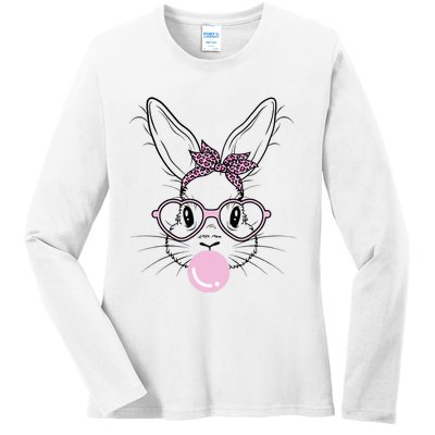 Bunny Face Leopard Glasses Bubble Gum Easter Day Ladies Long Sleeve Shirt