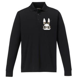 Bunny Face Leopard Glasses Headband Happy Easter Day Women's Performance Long Sleeve Polo