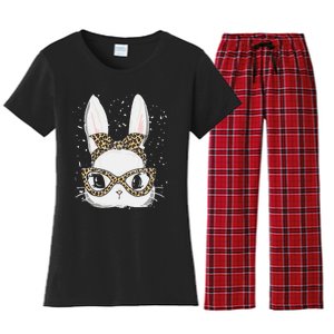 Bunny Face Leopard Glasses Headband Happy Easter Day Women's Women's Flannel Pajama Set