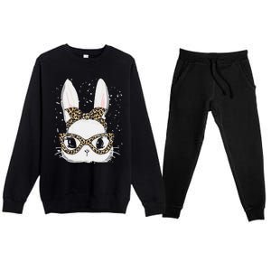 Bunny Face Leopard Glasses Headband Happy Easter Day Women's Premium Crewneck Sweatsuit Set