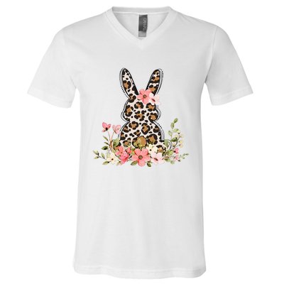 Bunny Floral Leopard Cute Easter Day Outfit V-Neck T-Shirt