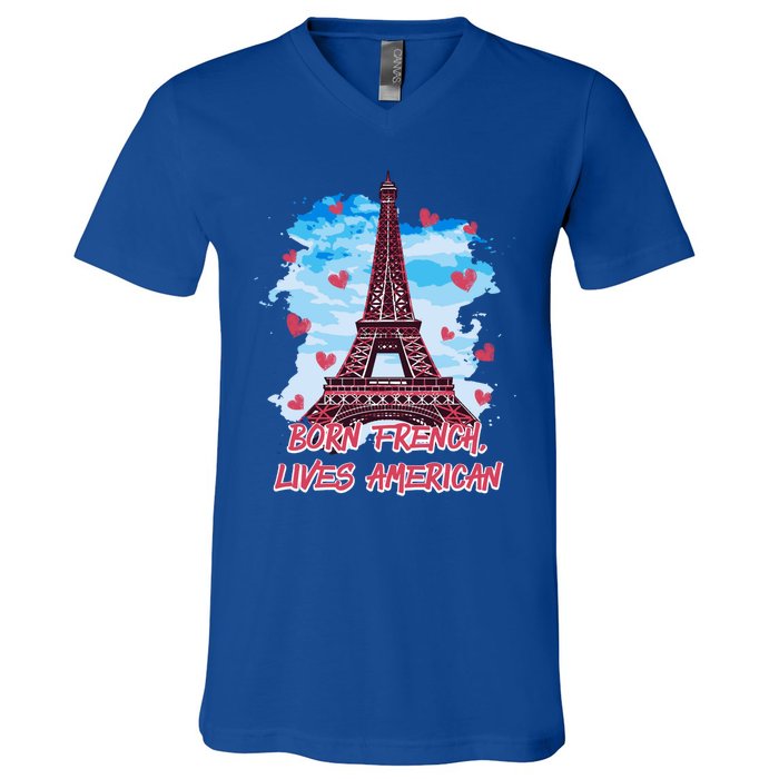 Born French Lives American Nationality Lifestyle Heritage Gift V-Neck T-Shirt