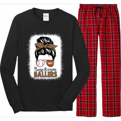 Baseball Football Mom Messy Bun Busy Raising Ballers Leopard Gift Long Sleeve Pajama Set