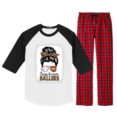 Baseball Football Mom Messy Bun Busy Raising Ballers Leopard Gift Raglan Sleeve Pajama Set