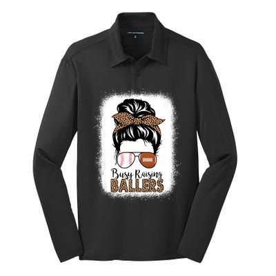 Baseball Football Mom Messy Bun Busy Raising Ballers Leopard Gift Silk Touch Performance Long Sleeve Polo