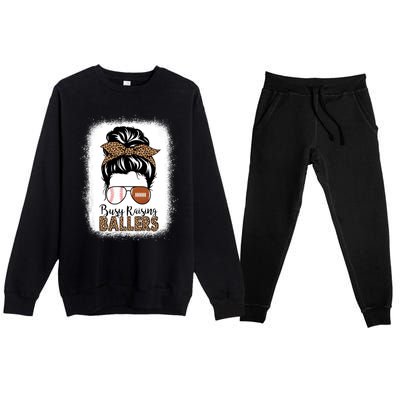 Baseball Football Mom Messy Bun Busy Raising Ballers Leopard Gift Premium Crewneck Sweatsuit Set