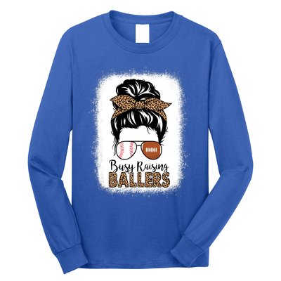 Baseball Football Mom Messy Bun Busy Raising Ballers Leopard Gift Long Sleeve Shirt