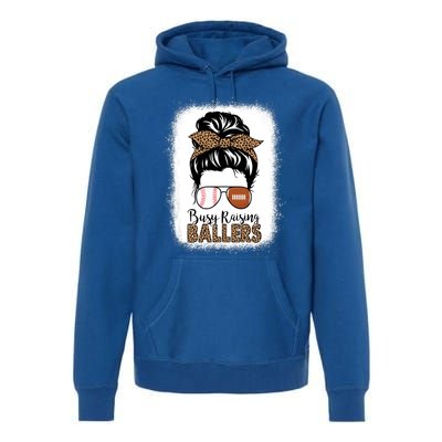 Baseball Football Mom Messy Bun Busy Raising Ballers Leopard Gift Premium Hoodie