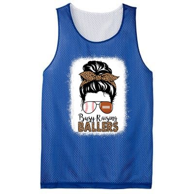 Baseball Football Mom Messy Bun Busy Raising Ballers Leopard Gift Mesh Reversible Basketball Jersey Tank