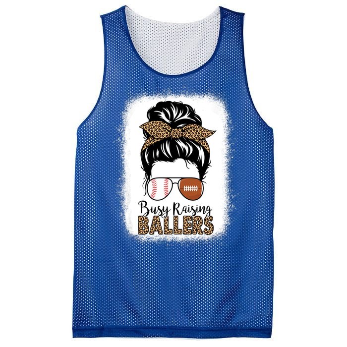 Baseball Football Mom Messy Bun Busy Raising Ballers Leopard Gift Mesh Reversible Basketball Jersey Tank