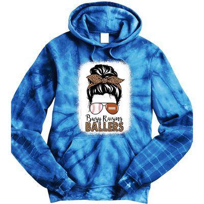 Baseball Football Mom Messy Bun Busy Raising Ballers Leopard Gift Tie Dye Hoodie