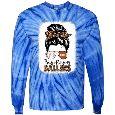 Baseball Football Mom Messy Bun Busy Raising Ballers Leopard Gift Tie-Dye Long Sleeve Shirt