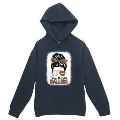 Baseball Football Mom Messy Bun Busy Raising Ballers Leopard Gift Urban Pullover Hoodie