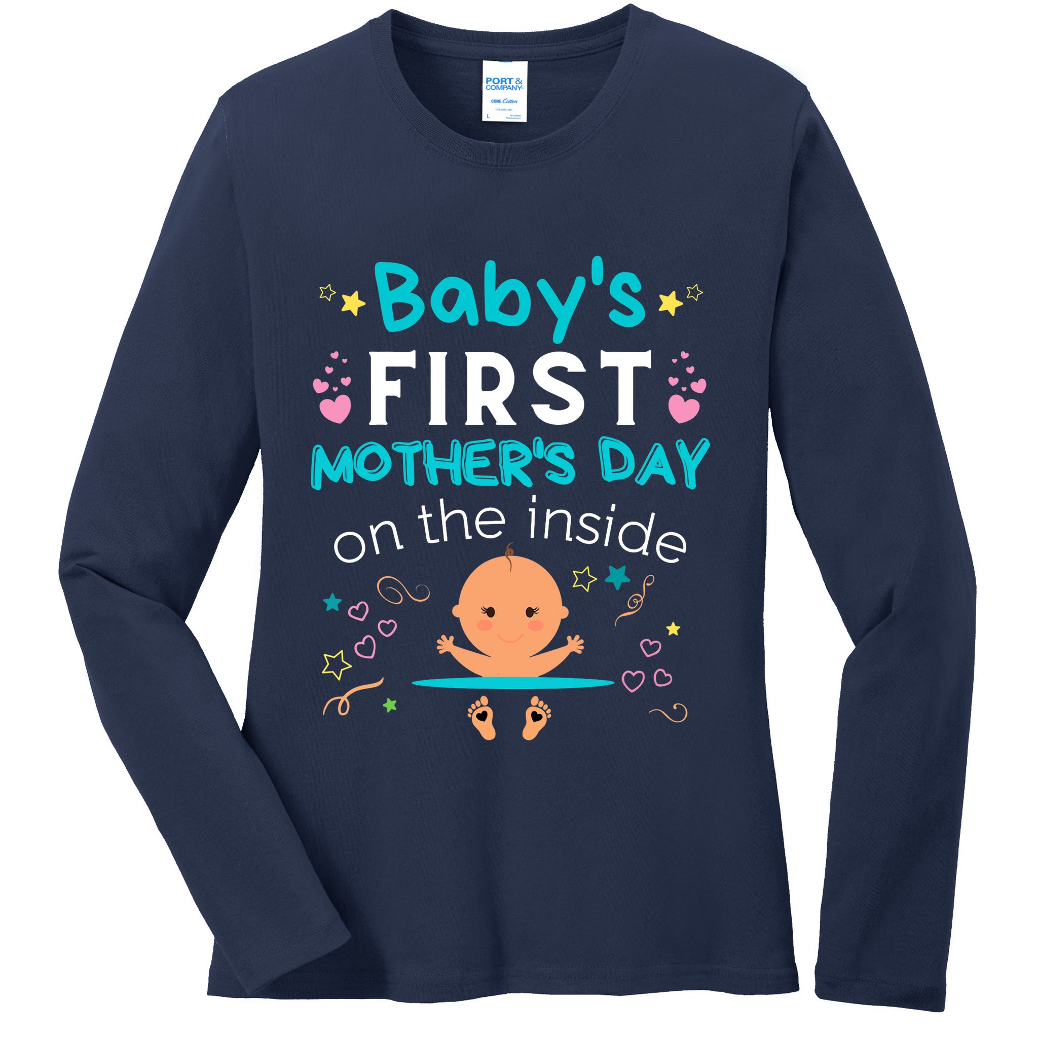 Baby's First Mother's Day On The Inside Boy Pregnant Mommy Ladies Long Sleeve Shirt