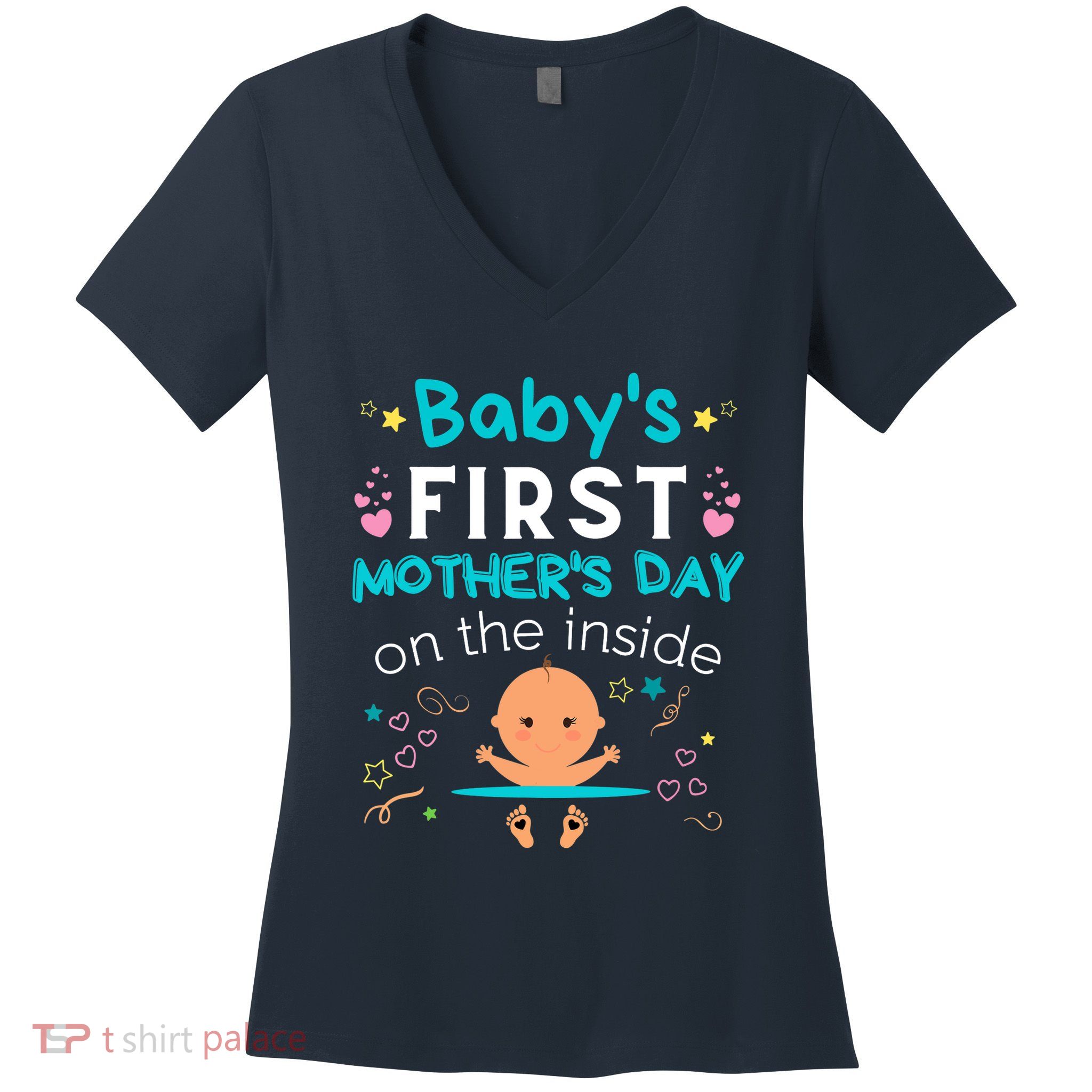 Baby's First Mother's Day On The Inside Boy Pregnant Mommy Women's V-Neck T-Shirt
