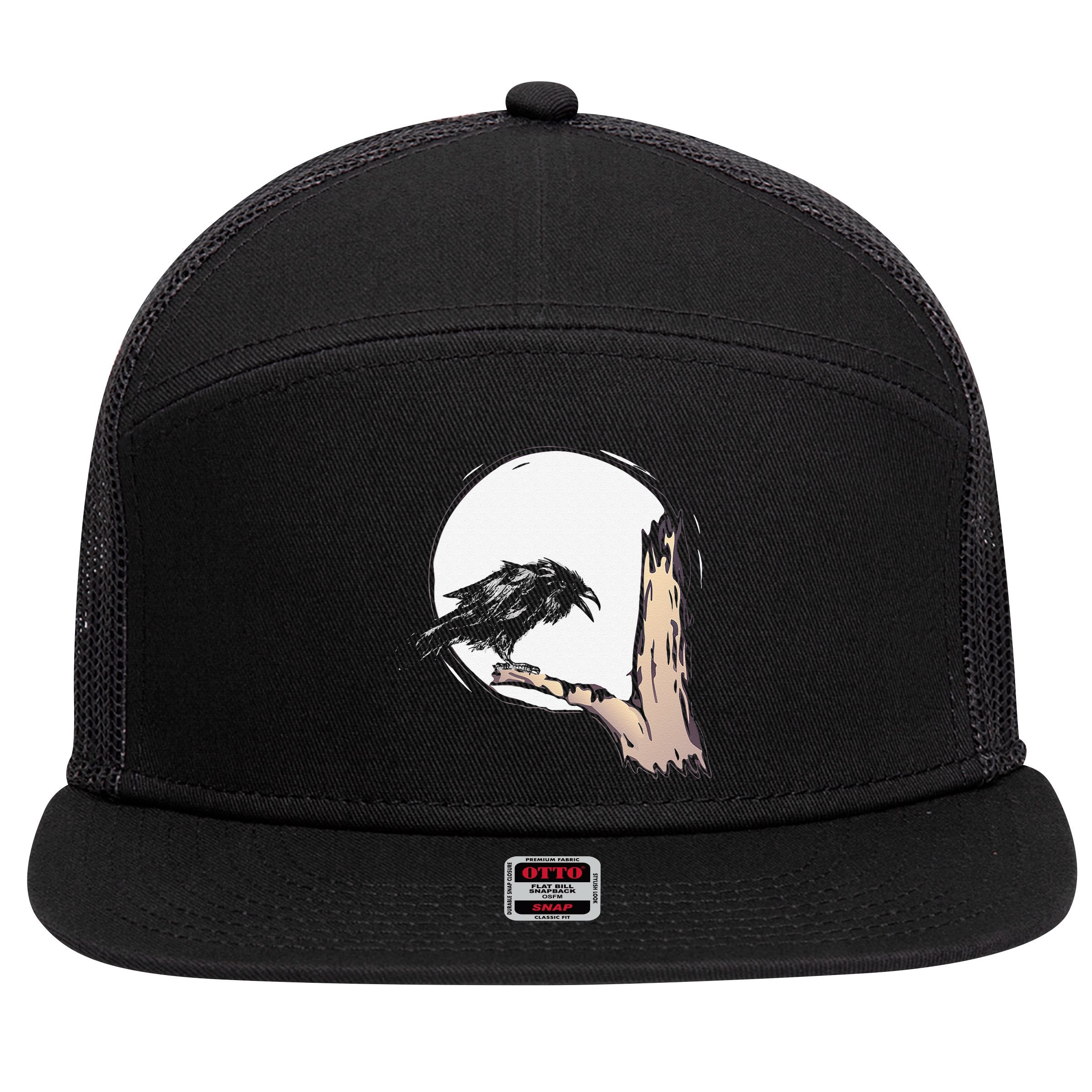 Bird Full Moon Crow Spooky Raven Gothic Halloween 7 Panel Mesh Trucker Snapback Hat