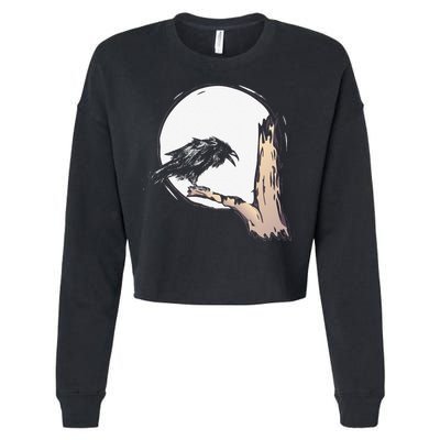 Bird Full Moon Crow Spooky Raven Gothic Halloween Cropped Pullover Crew