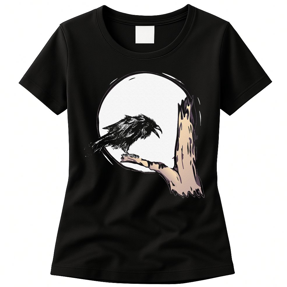 Bird Full Moon Crow Spooky Raven Gothic Halloween Womens T-Shirt