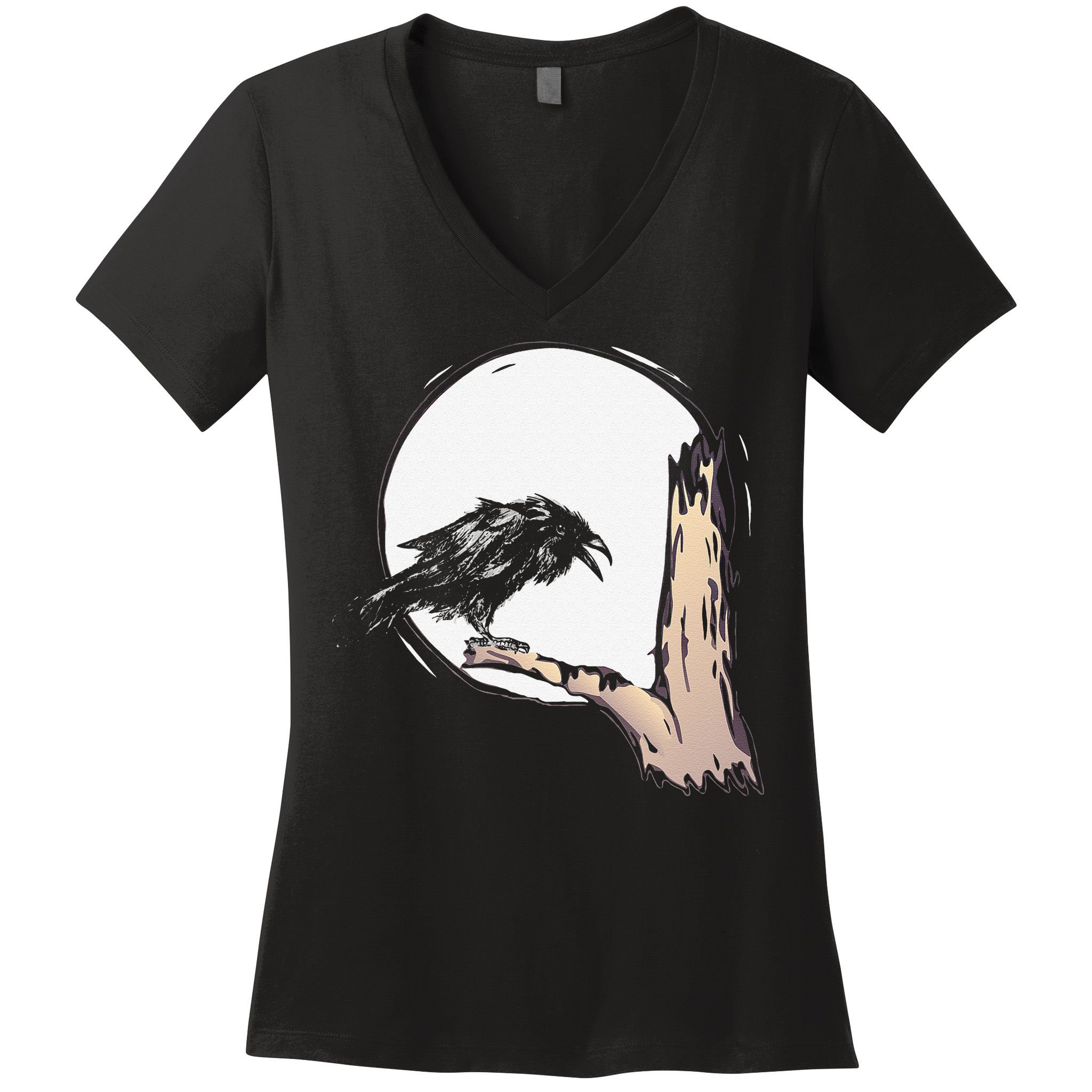 Bird Full Moon Crow Spooky Raven Gothic Halloween Women's V-Neck T-Shirt