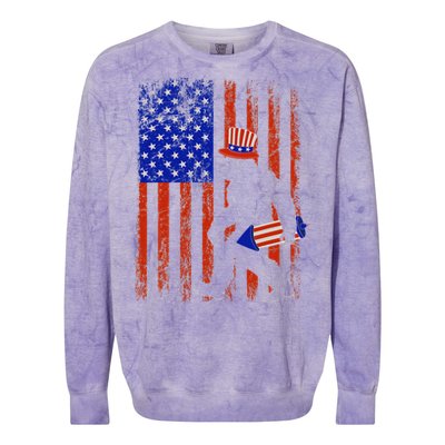 Bigfoot Fireworks Merica 4th of July USA Flag Patriotic Colorblast Crewneck Sweatshirt