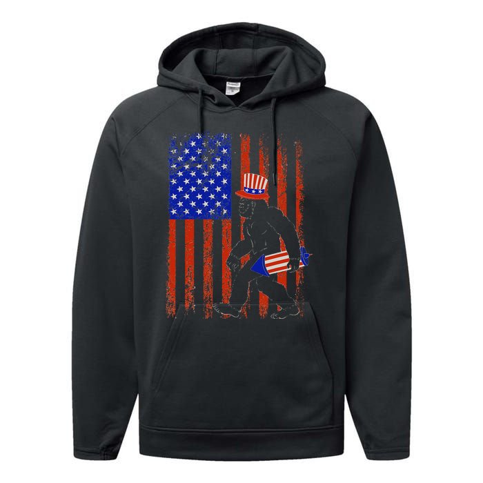 Bigfoot Fireworks Merica 4th of July USA Flag Patriotic Performance Fleece Hoodie