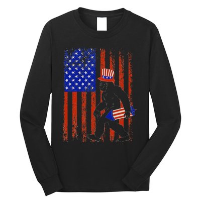 Bigfoot Fireworks Merica 4th of July USA Flag Patriotic Long Sleeve Shirt