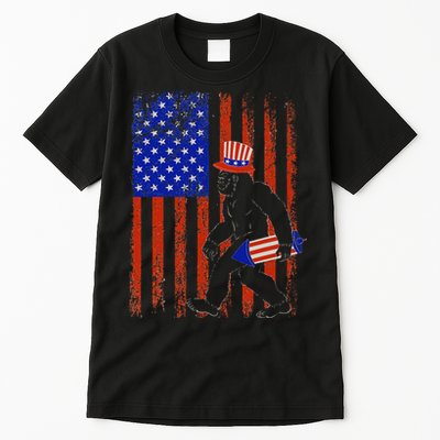 Bigfoot Fireworks Merica 4th of July USA Flag Patriotic Tall T-Shirt