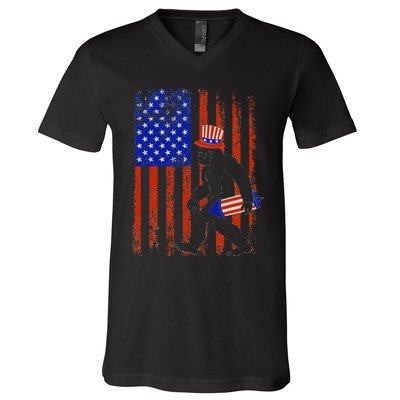 Bigfoot Fireworks Merica 4th of July USA Flag Patriotic V-Neck T-Shirt