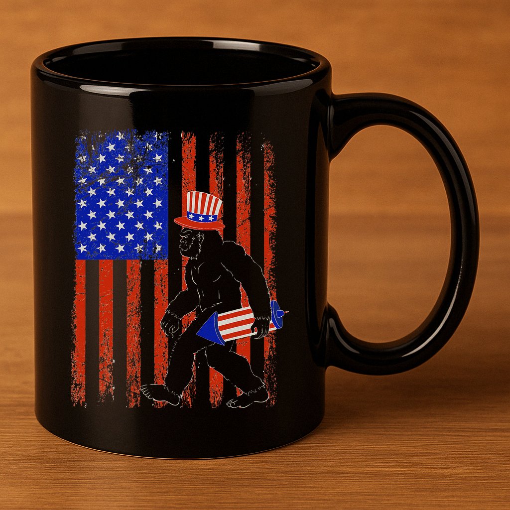 Bigfoot Fireworks Merica 4th of July USA Flag Patriotic 11oz C Handle Ceramic Mug