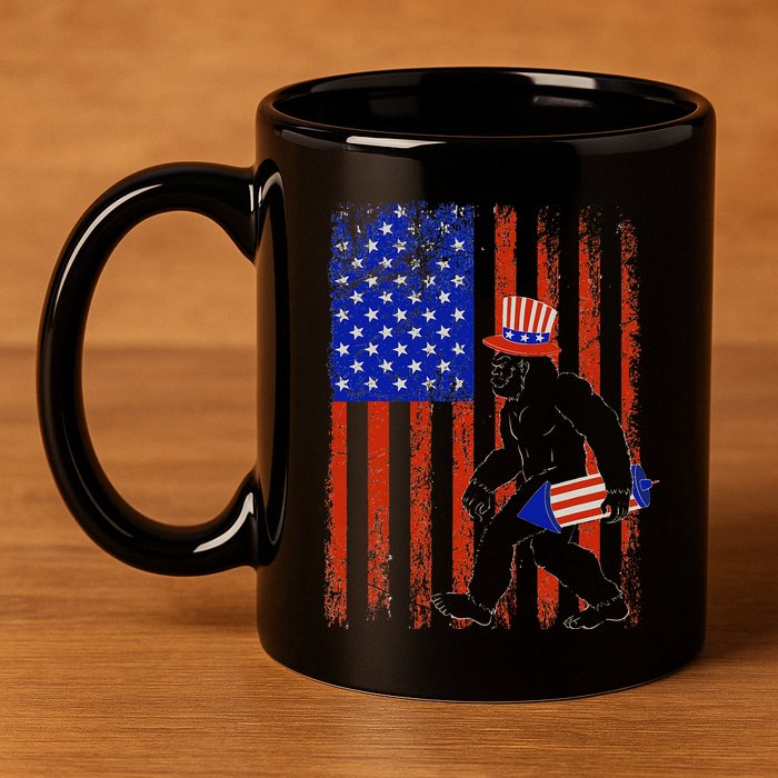 Bigfoot Fireworks Merica 4th of July USA Flag Patriotic 11oz C Handle Ceramic Mug