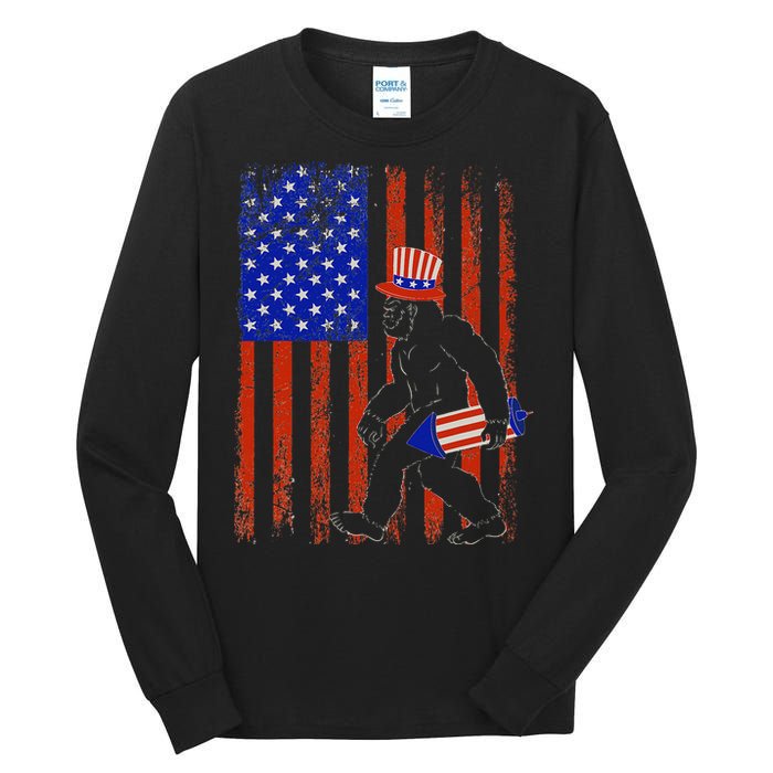 Bigfoot Fireworks Merica 4th of July USA Flag Patriotic Tall Long Sleeve T-Shirt